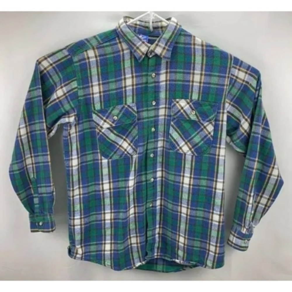 Mighty Mac Blue Green Plaid  Men's Flannel Shirt Size Tallman 16-L-16.5